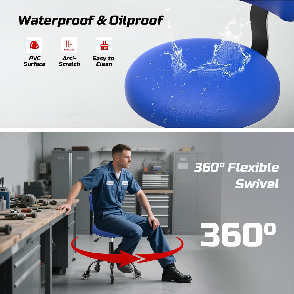 FreekyFit blue rolling stool with 360 swivel for easy maneuvering