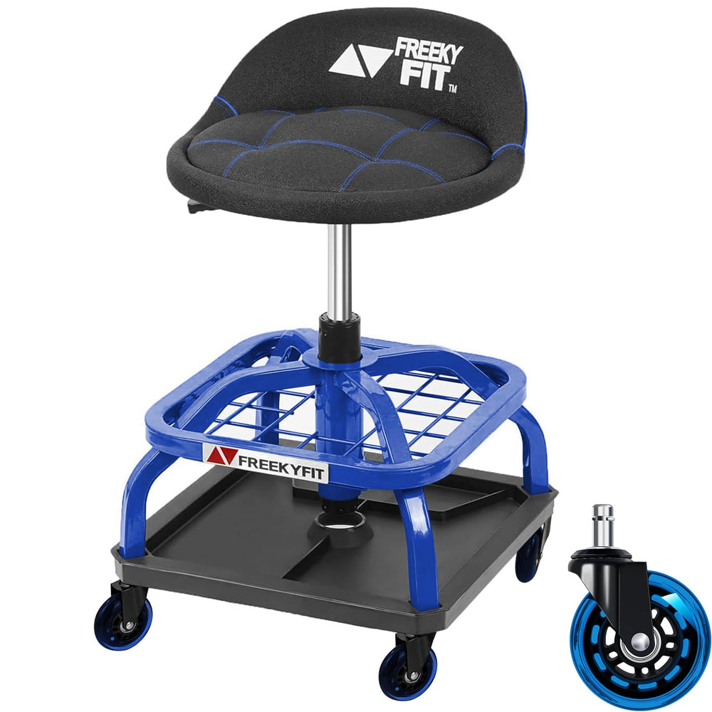 FreekyFit rolling stool with blue wheels enables smooth garage movement.