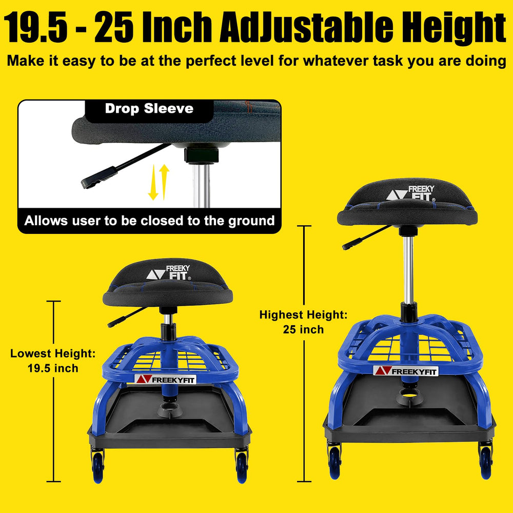 FreekyFit rolling stool swivel seat lets you reach tools from any angle.