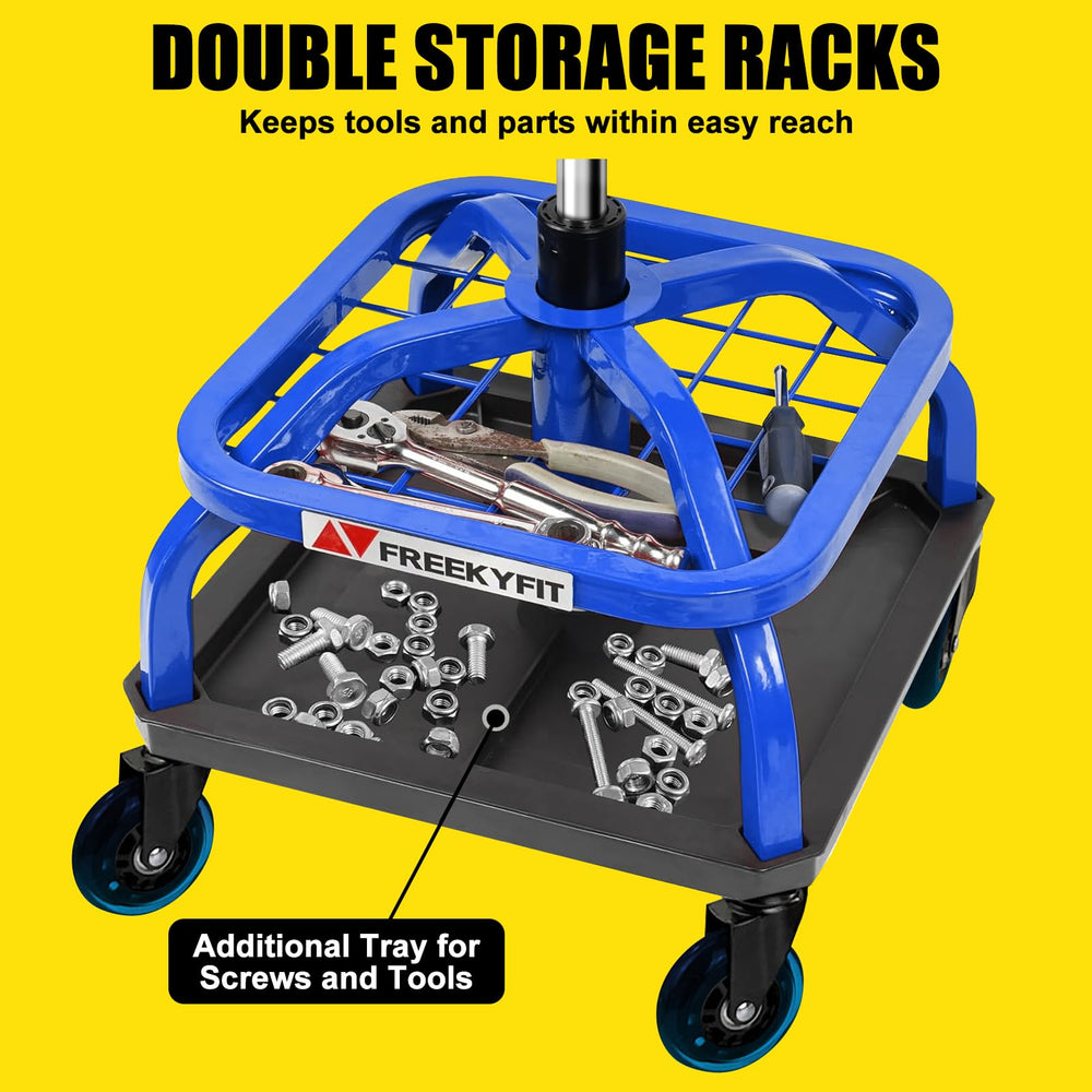 FreekyFit rolling stool under-seat trays keep tools within reach.