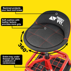 FreekyFit rolling stool with under-seat tool trays for quick access.