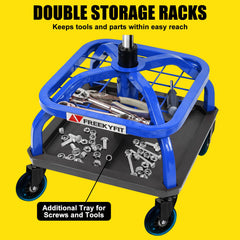 FreekyFit rolling stool under-seat trays keep tools within reach.