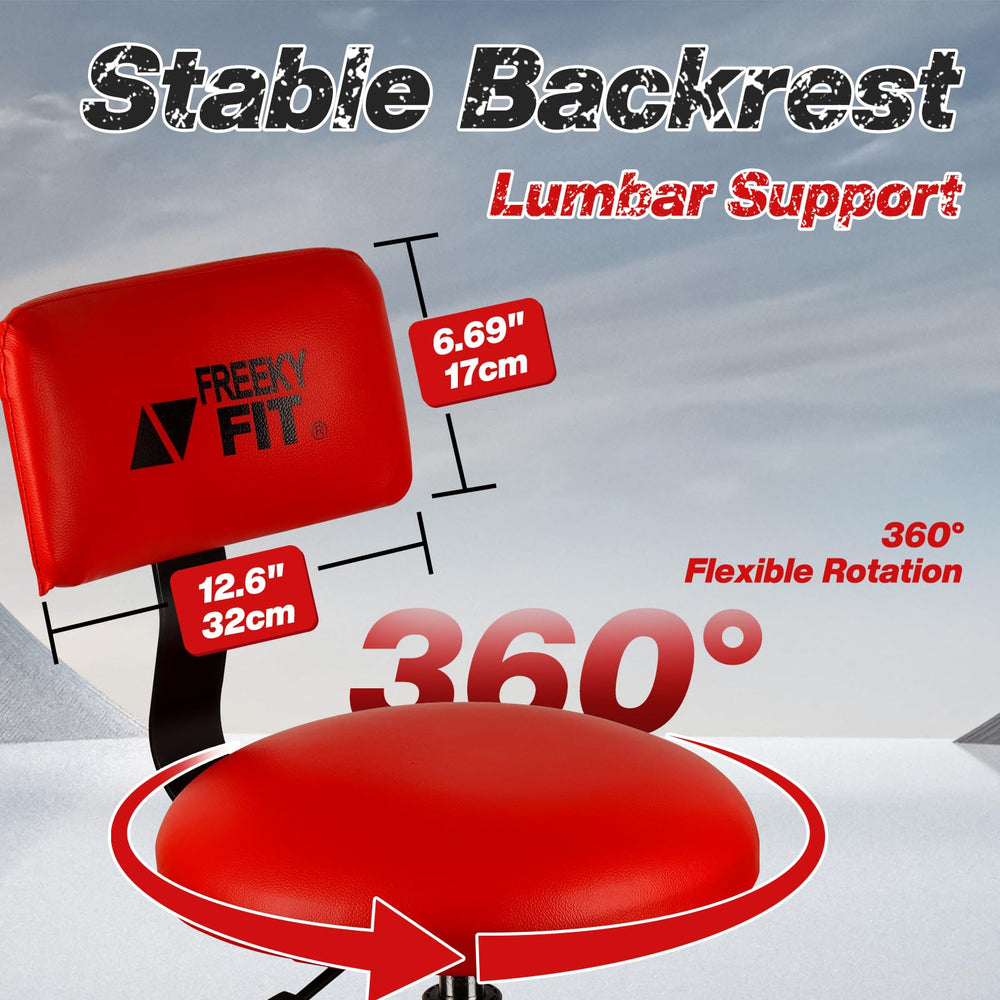 FreekyFit Shop Stool 360-degree rotation enables quick tool access.