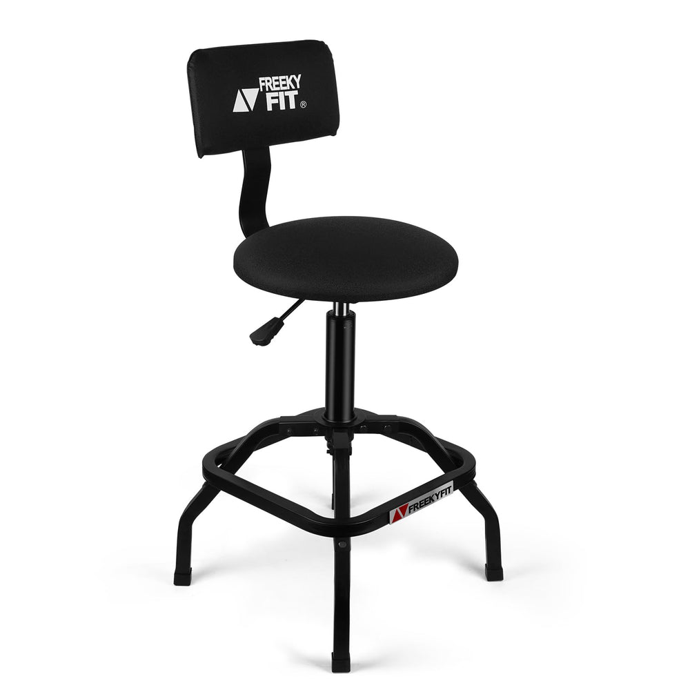 FreekyFit shop stool with PVC seat and 360° swivel for versatile workshop tasks