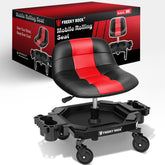 FREEKYROCK rolling stool front view shows durable base for garage tasks