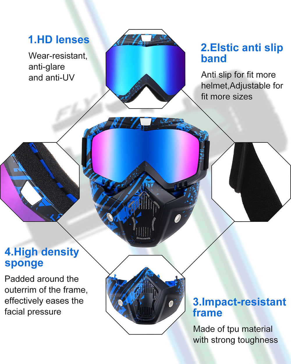 Frienda goggle lens detail highlights clear optics and wear-resistant coating for daily use.