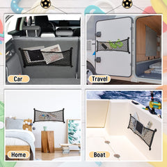 Side-mount net keeps bottles, books, tissues orderly and accessible.