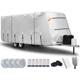 FRUNO Oxford travel trailer cover top view showing waterproof protection.