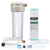 FS-TFC RV Water Filter System connected to an outdoor hose for on-the-go water supply