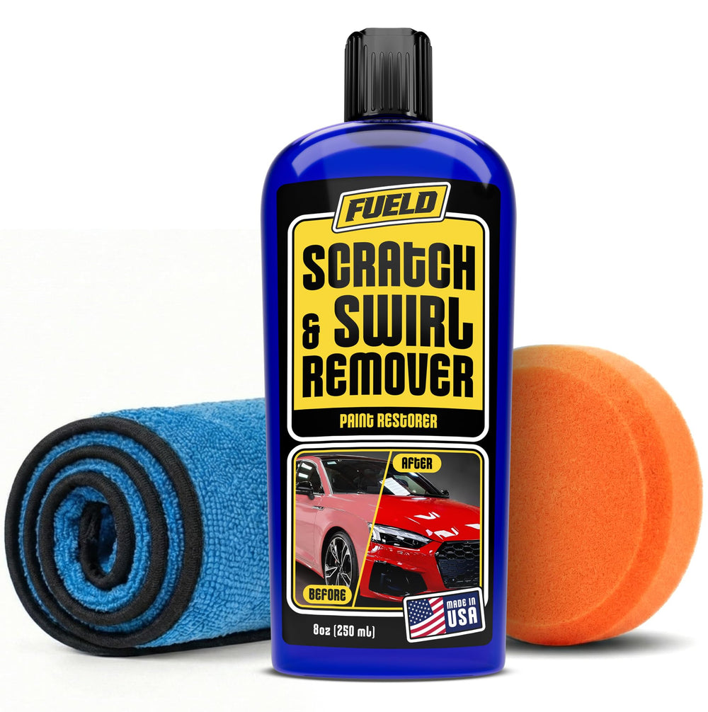 Fueld Scratch Remover bottle close-up, ready for safe scratch repair.