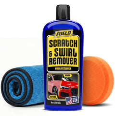 Fueld Scratch Remover bottle close-up, ready for safe scratch repair.