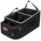 FUNNy elf car seat organizer on the front seat with cup holders for easy reach of drinks