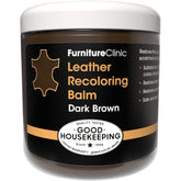 Furniture Clinic dark brown leather dye balm bottle demonstrates color restoration for worn leather