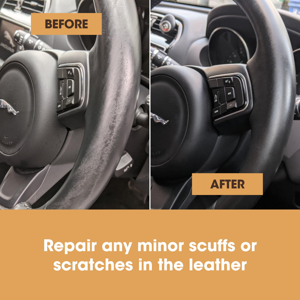 Furniture Clinic Leather Binder helps unify color and finish.