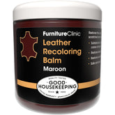 Furniture Clinic leather recoloring balm maroon bottle highlights color restoration and protective finish.