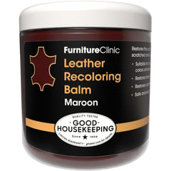 Furniture Clinic leather recoloring balm maroon bottle highlights color restoration and protective finish.