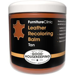 Furniture Clinic Leather Recoloring Balm tan bottle restores color and protection.