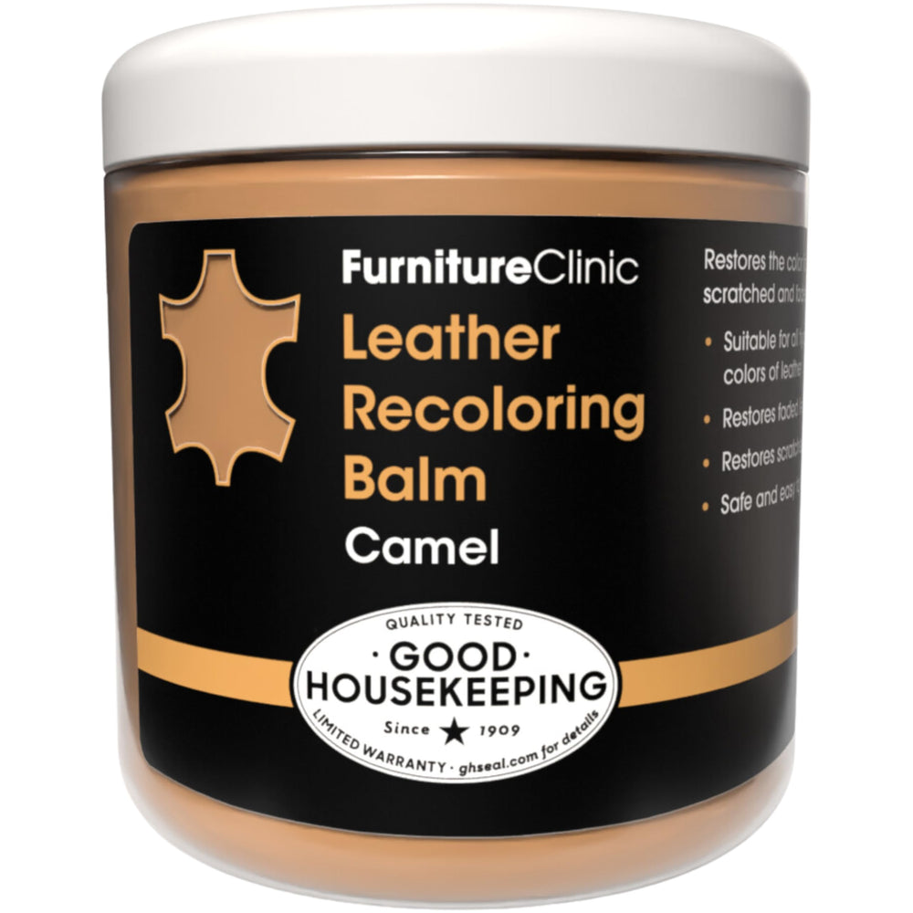 Furniture Clinic camel leather balm on jar demonstrates color restoration potential.