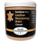 Furniture Clinic camel leather balm on jar demonstrates color restoration potential.