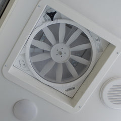 Back-view showcases robust 10-blade rotor for strong airflow.