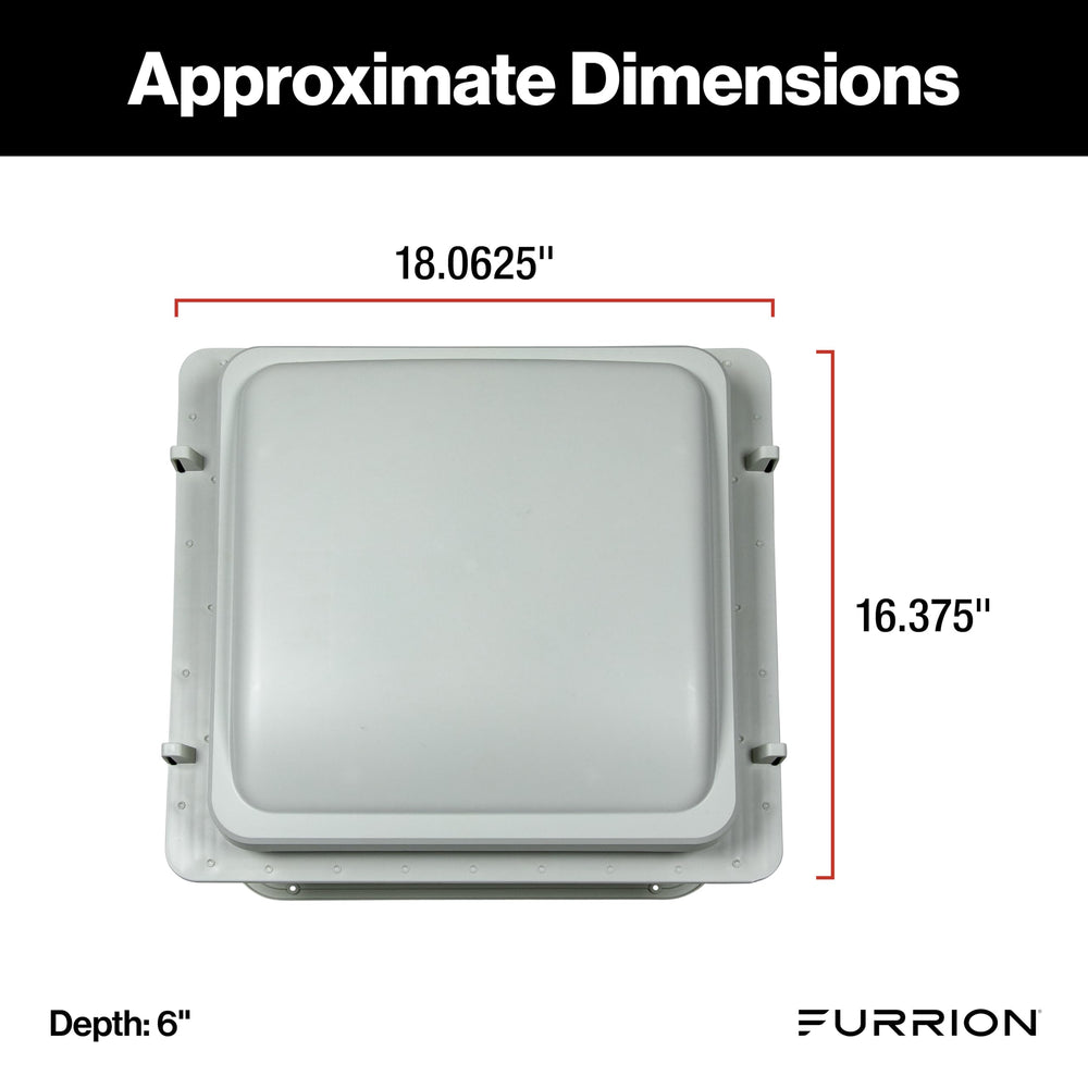 Furrion flush-mount design blends with roof for low-profile RV ventilation.