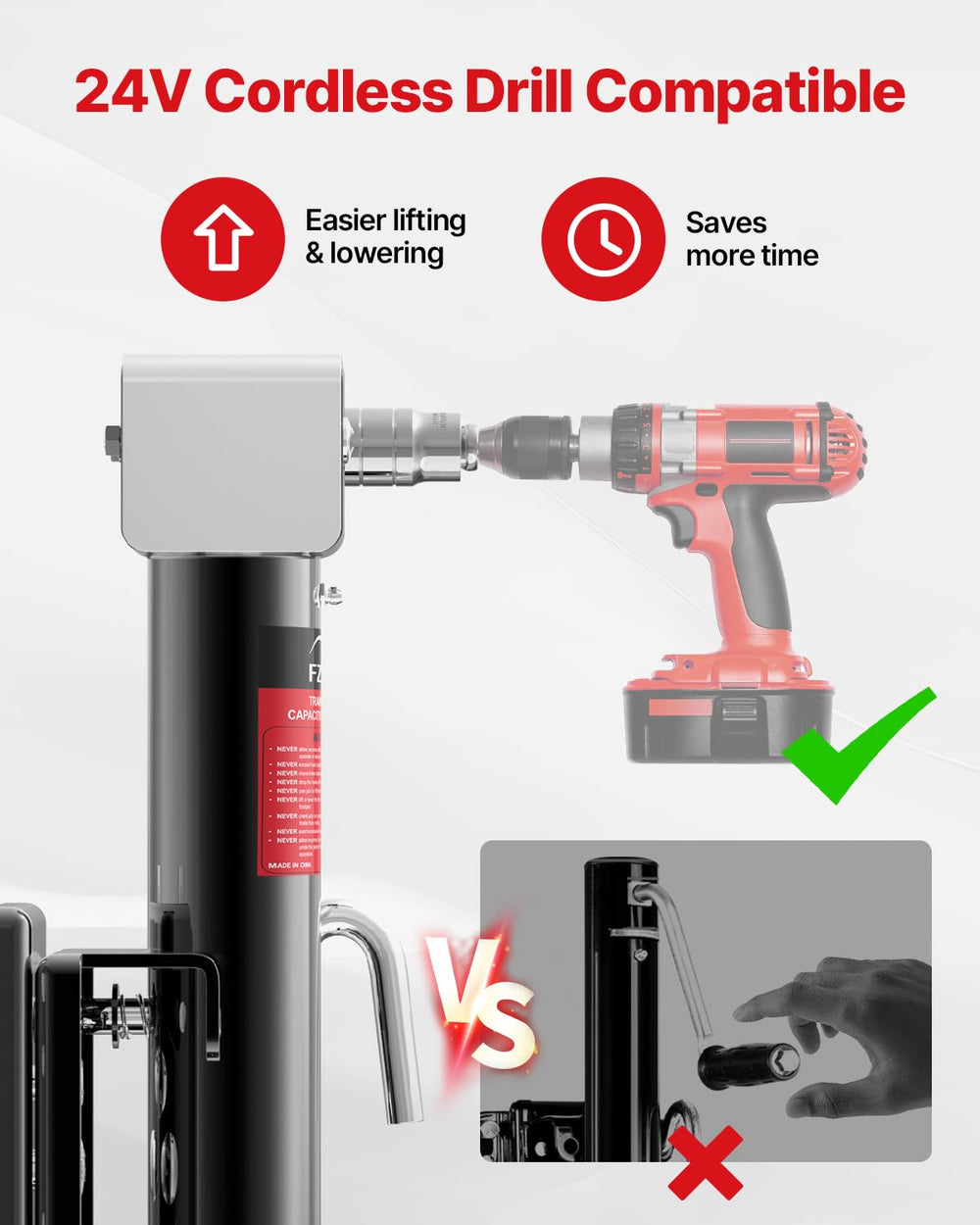FZZD 20-24V drill compatible jack enables quick height changes using a power drill.