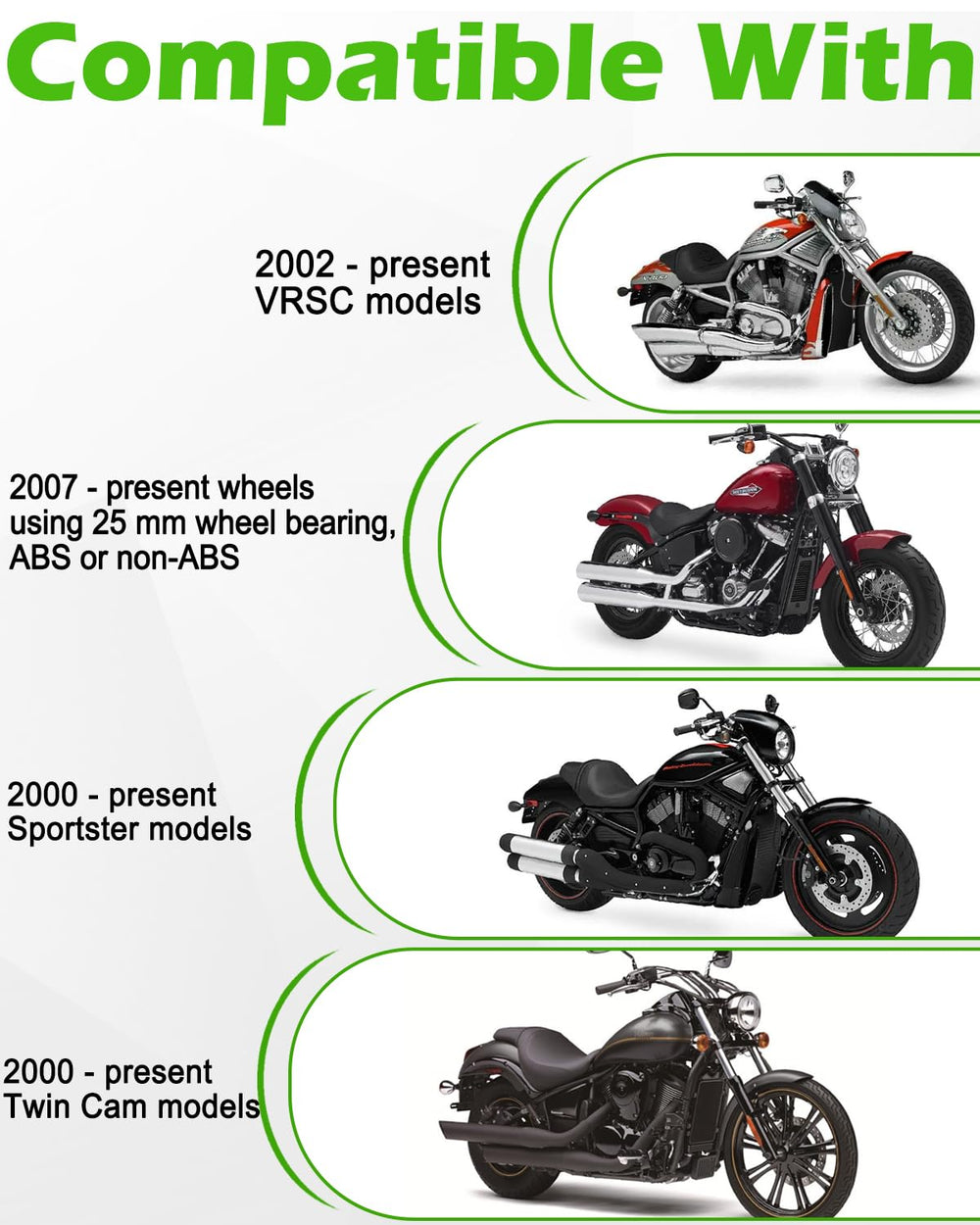 Harley compatibility for 3/4 inch, 1 inch, and 25 mm bearings with precision.