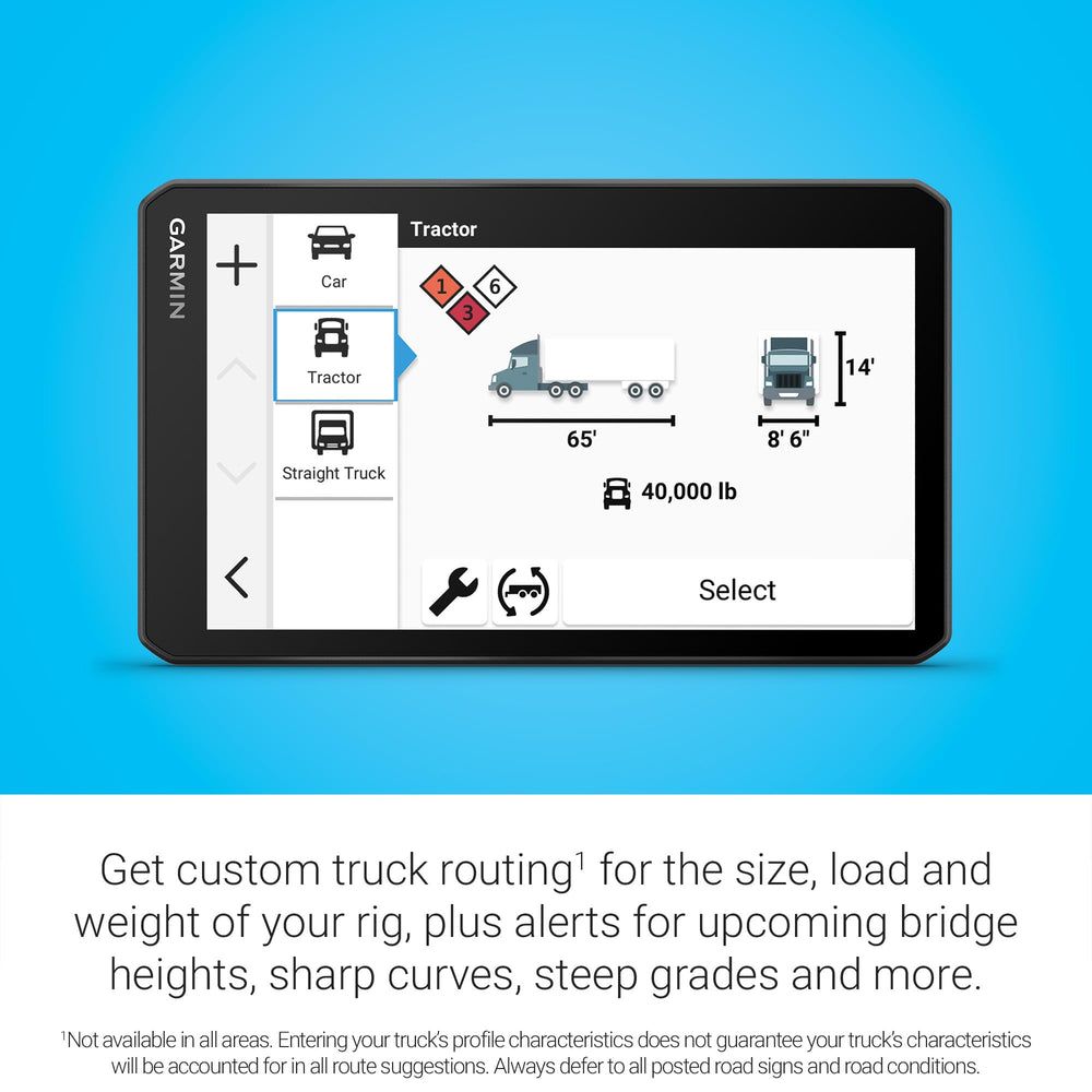 Garmin dēzl OTR720 wind speed overlay highlights route weather conditions.