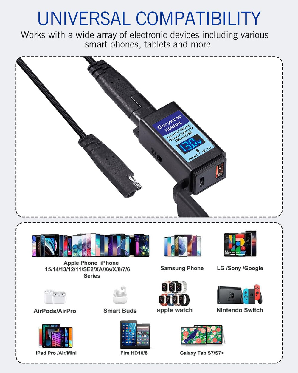 Garystat 1.1m SAE extension cable included for flexible installation
