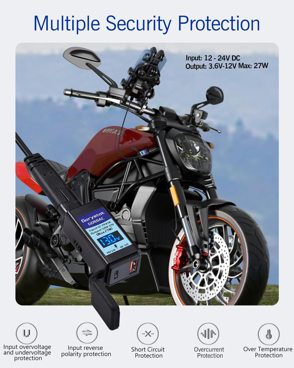 Garystat compact motorcycle charger mounted on handlebar for quick access