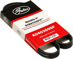 Gates K040359SF stretch-fit belt installation view for Ford and Lincoln engines with enhanced fit.