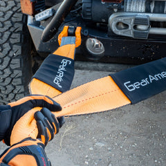 Close look at GearAmerica heavy-duty towing setup for rugged use.