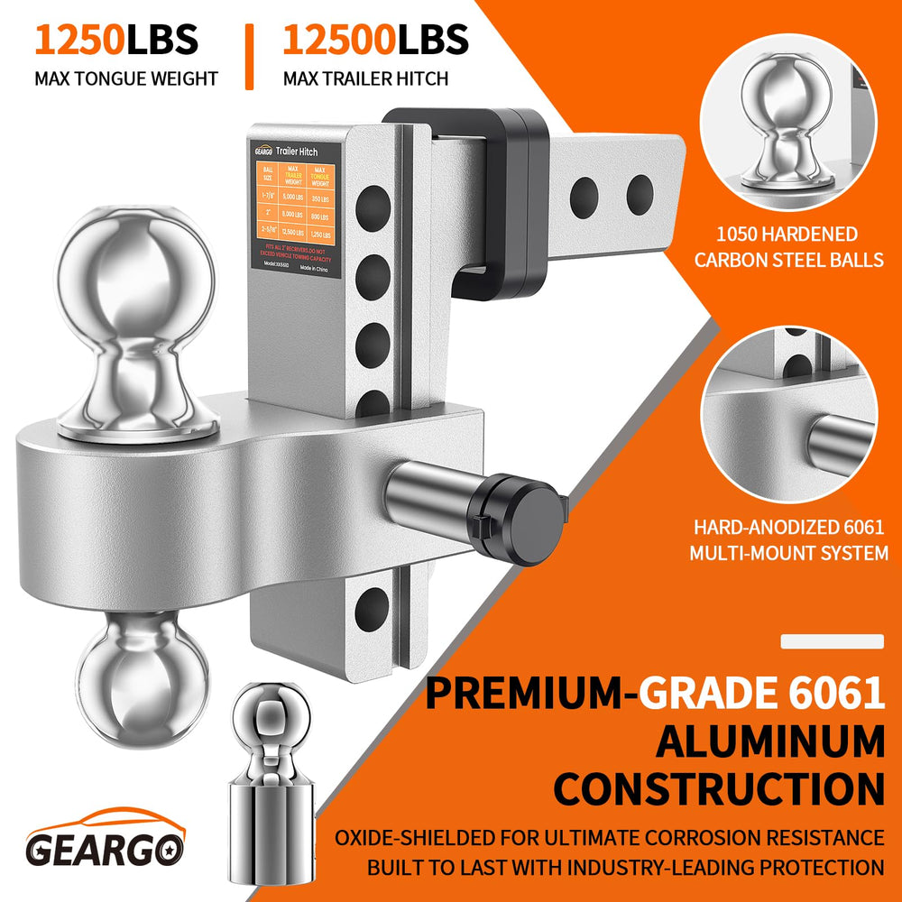 GEARGO adjustable hitch shows an 8.3-inch drop for level towing.