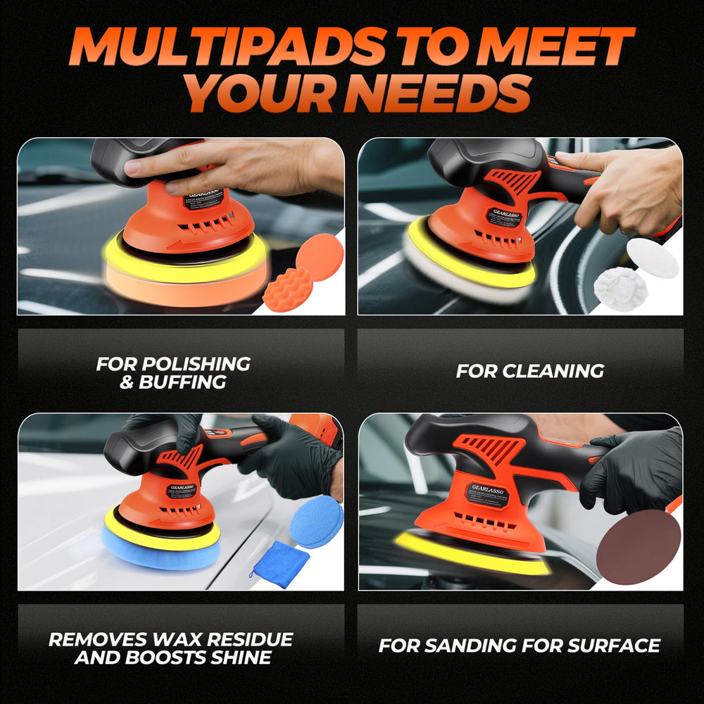 GEARLASSO sanding discs and Velcro pad system simplify pad changes.