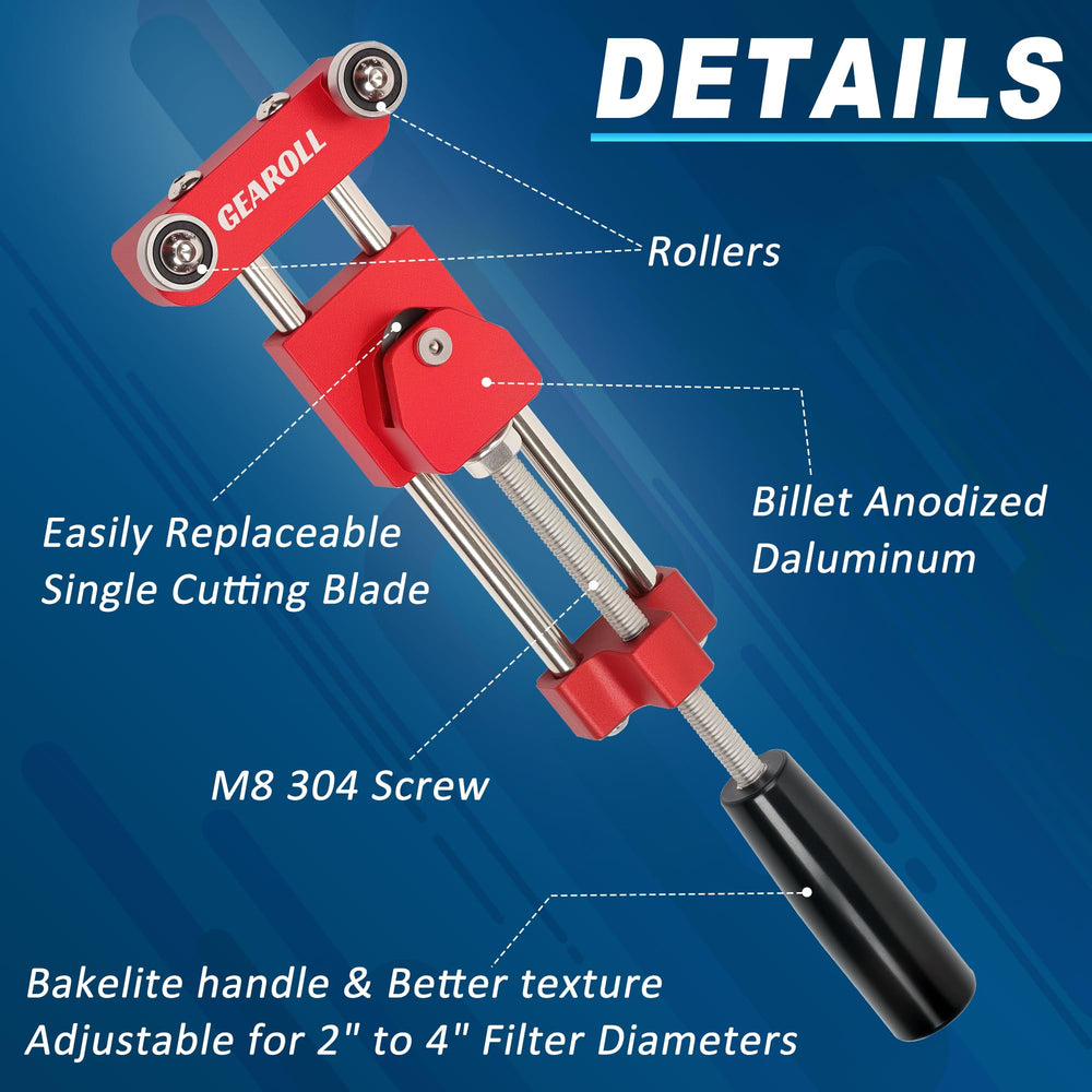 GEAROLL Oil Filter Cutter cutting action showing precise blade contact