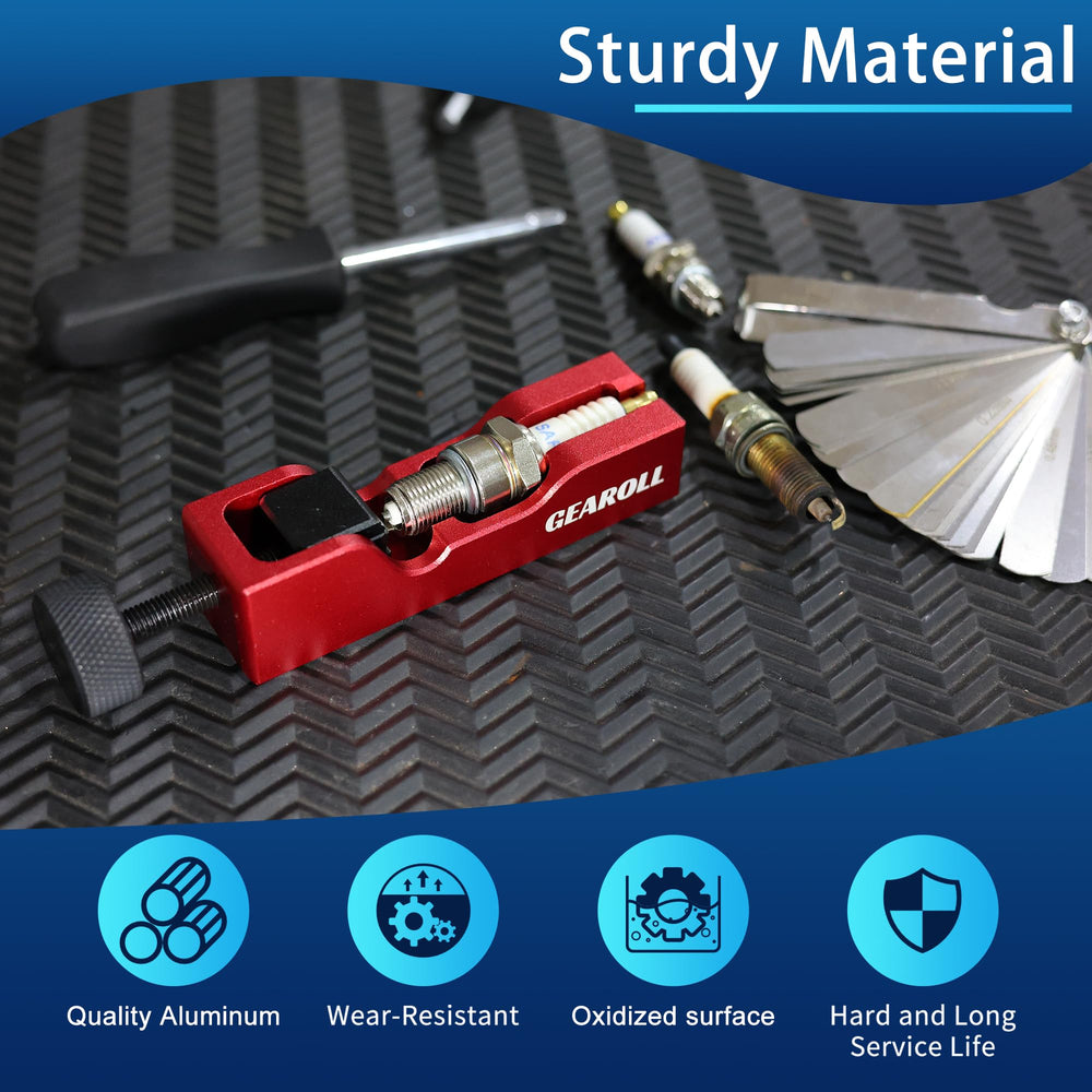 GEAROLL spark plug gap tool shows universal-fit design for 10–16 mm plugs.
