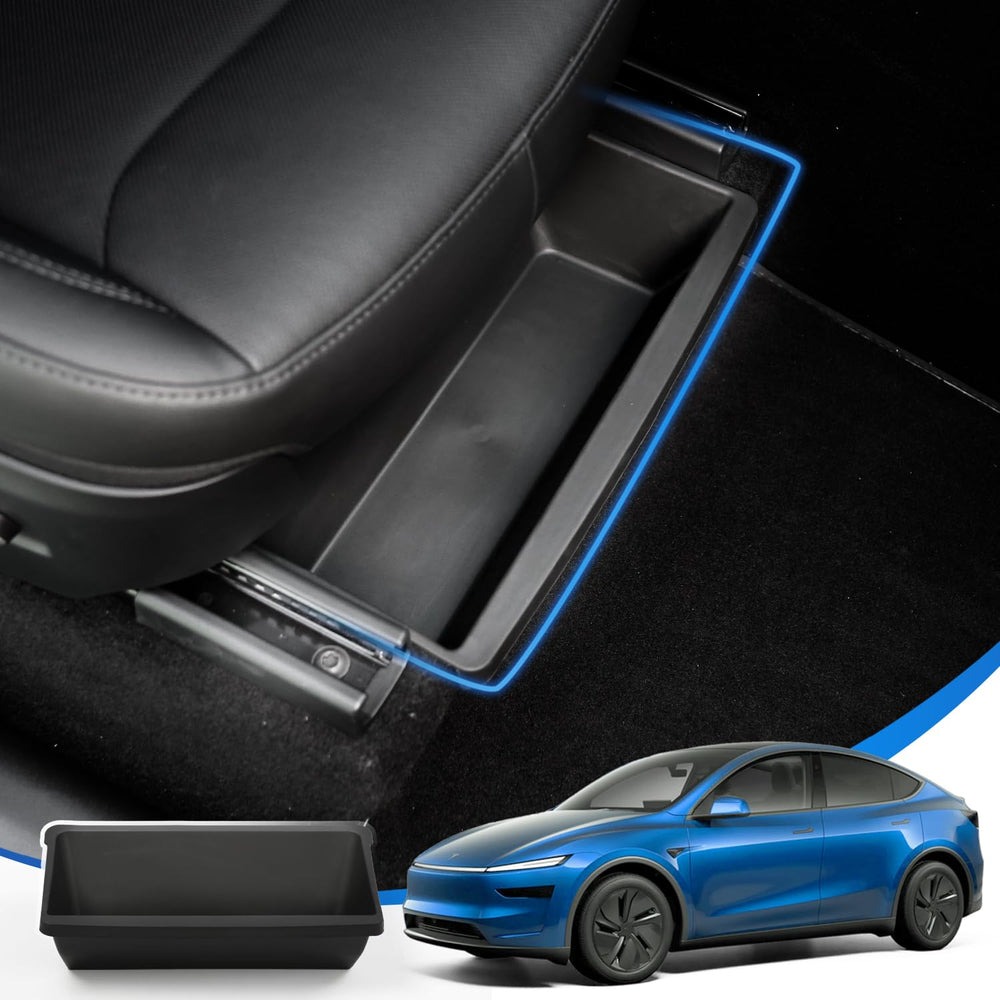 Geedar hidden under-seat organizer for Model Y Juniper provides quick access.