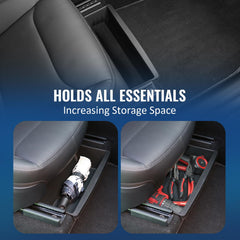 Geedar slim-profile under-seat storage keeps cabin tidy in Model Y Juniper.