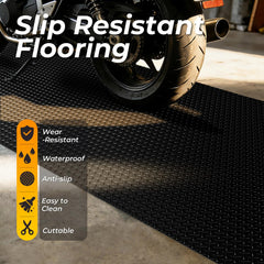 Geemax diamond plate garage mat textured surface improves traction in wet conditions.