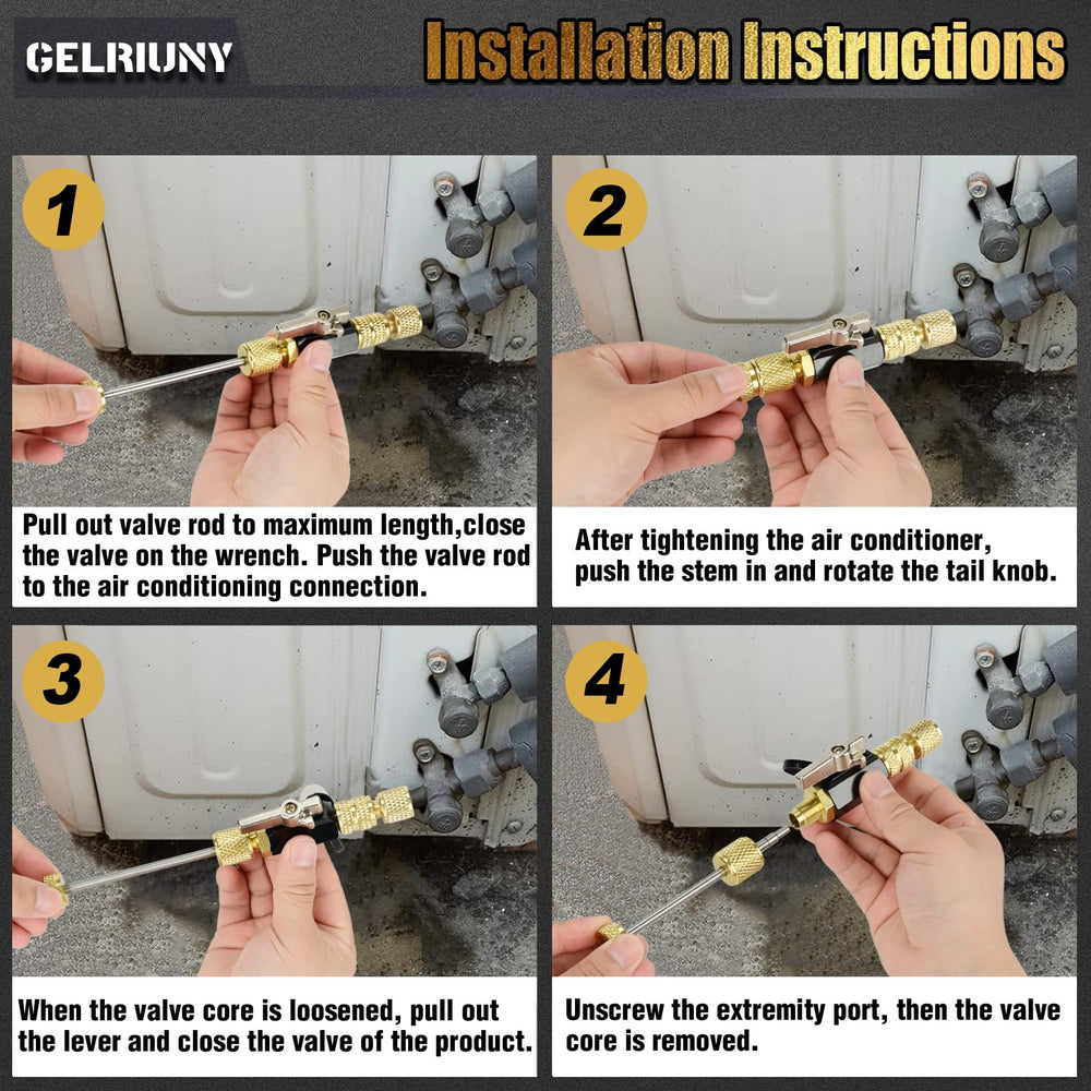 GELRIUNY vacuum-rated valve core removal tool in use for precise checks.