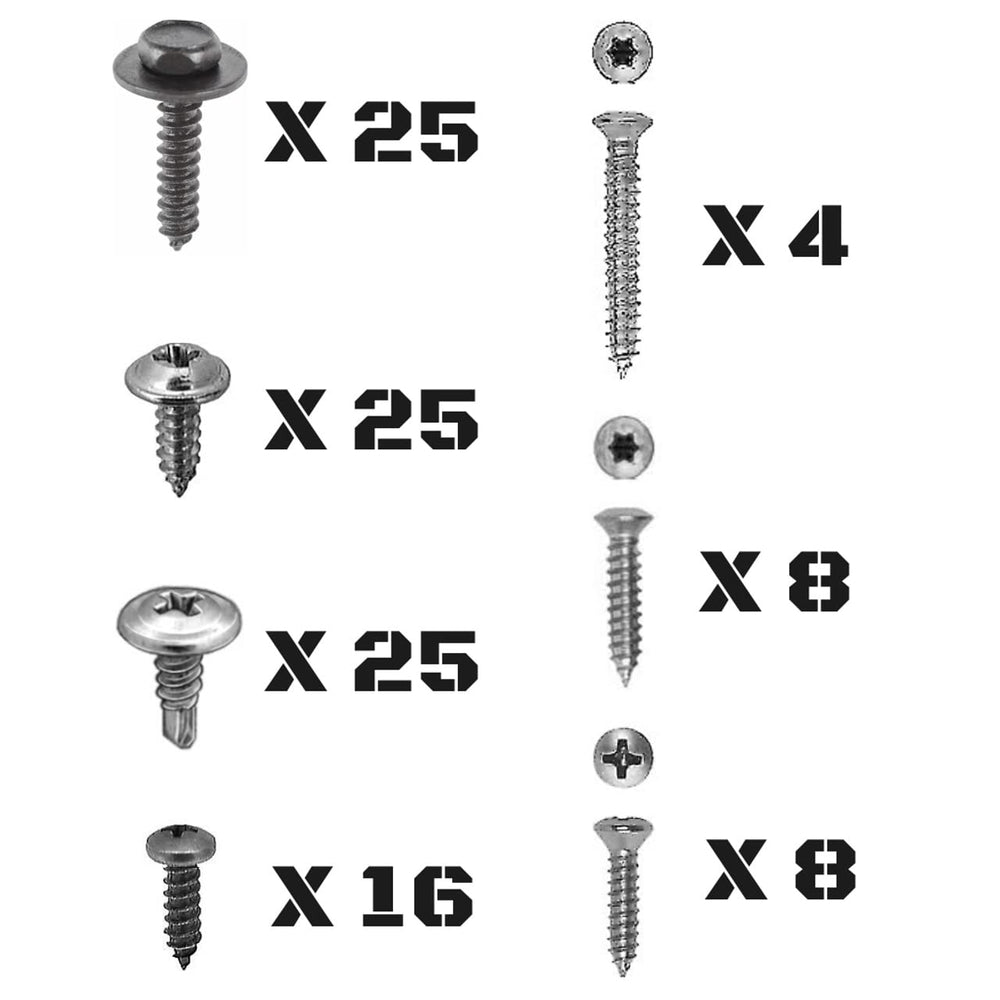 Generic 111-piece screw kit close-up showing chrome and black finishes for versatile vehicle trim.