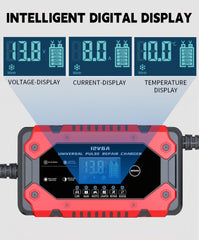 Generic Battery Charger LCD display shows voltage and temperature at a glance.