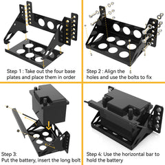 Common applications include RVs, boats, and campers using the battery tray bracket.