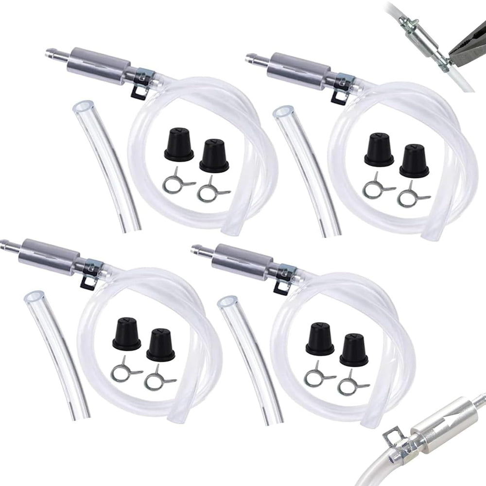 Generic brake fluid deflerator kit in use with secure hose attachment for leak-free bleeding.