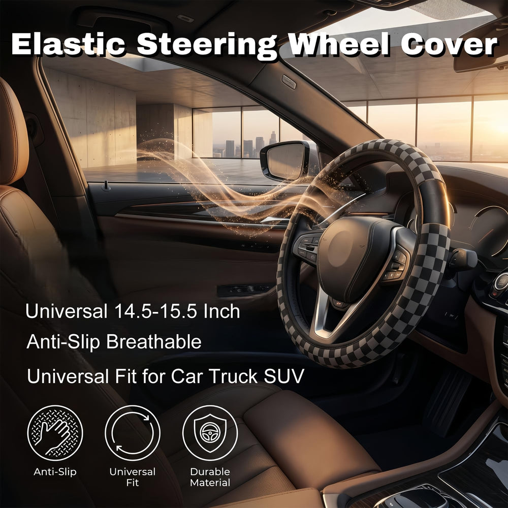 Generic steering wheel cover shows breathable, sweat-absorbent material for comfortable drives.