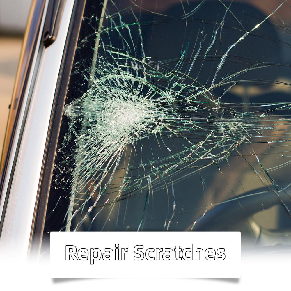 Generic Crack Fix Pro Kit Auto Glass Coverage shows repairs on windshields and side windows.