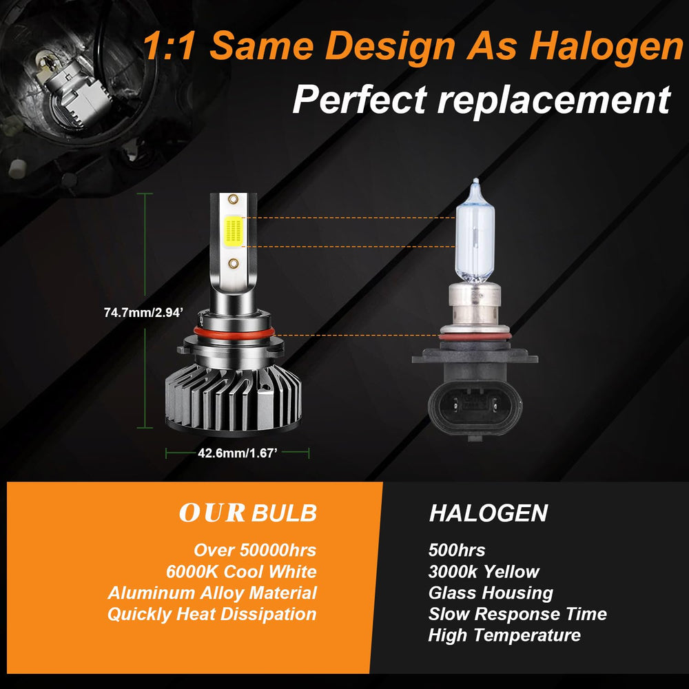 Generic 9005/H11 high/low beams deliver crisp 6000K white light.
