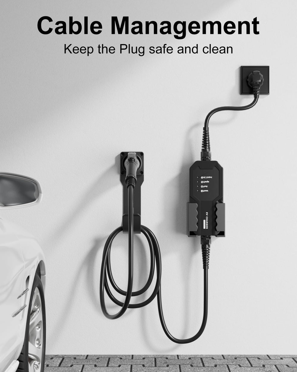 Generic J1772 cable holster with reel winds a 25-foot cable off the floor.