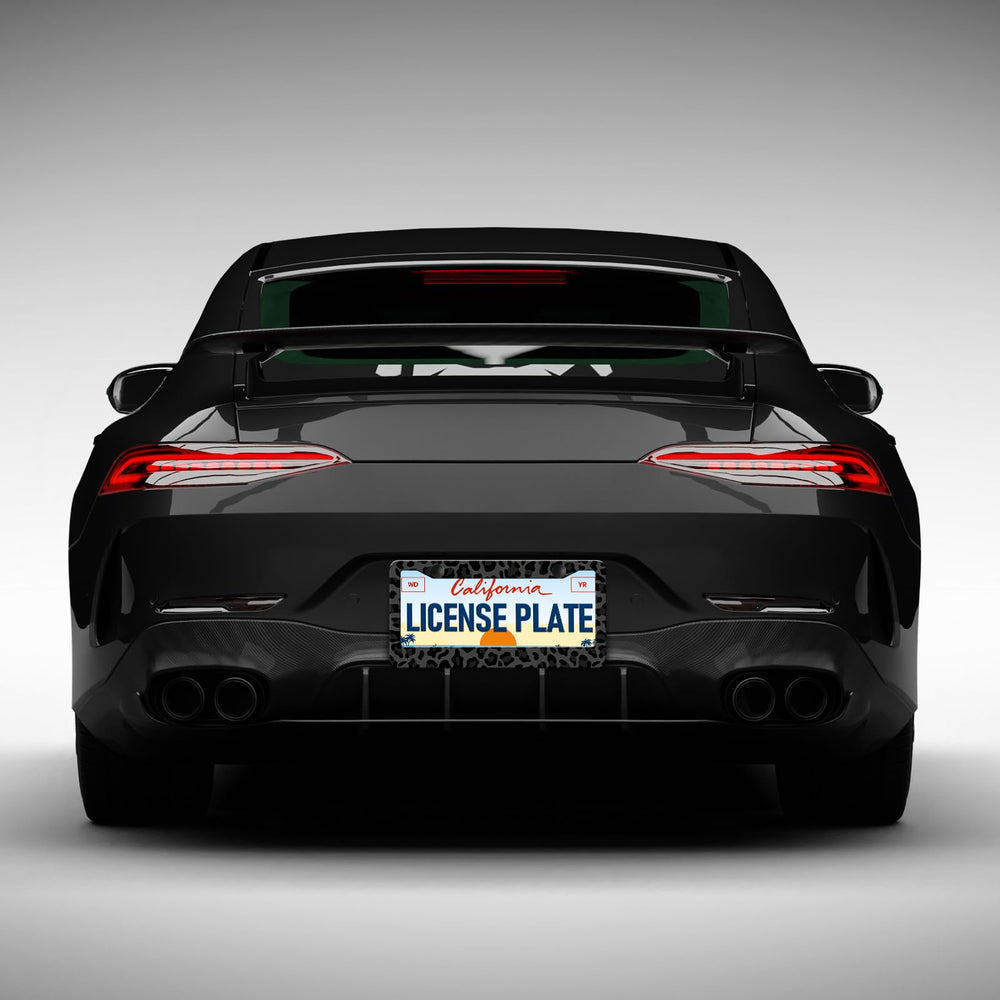 Leopard license plate frame on a car illustrating quick styling upgrade.