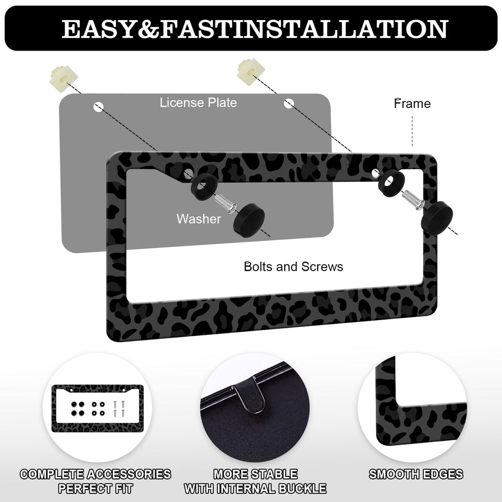 Generic leopard-print license plate frame with screws set for easy vehicle mounting.